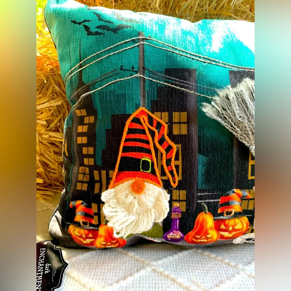 Halloween Decor Pillow Witch Warlock Gnomes Funny Amazing Detail- NWT